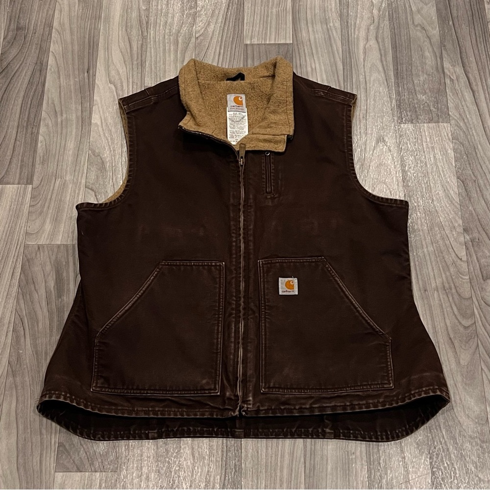 SIZE 2XL WOMENS VTG CARHARTT BROWN SHERPA LINED SANDSTONE WORKWEAR VEST WV001DKB